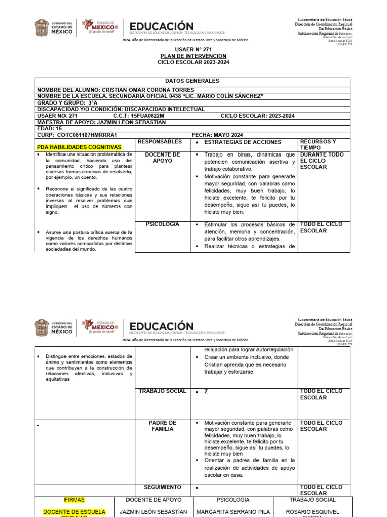 Plan de Intervención Educativa USAER 271 | PDF | Educación primaria ...