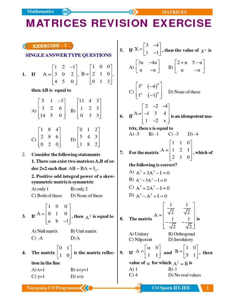01 Matrices Revision Exercise | PDF | Matrix (Mathematics) | Functions ...