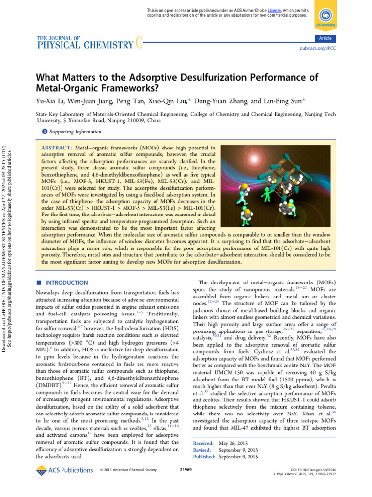 MOFs for Adsorptive Desulfurization Insights | PDF | Adsorption | Chemistry