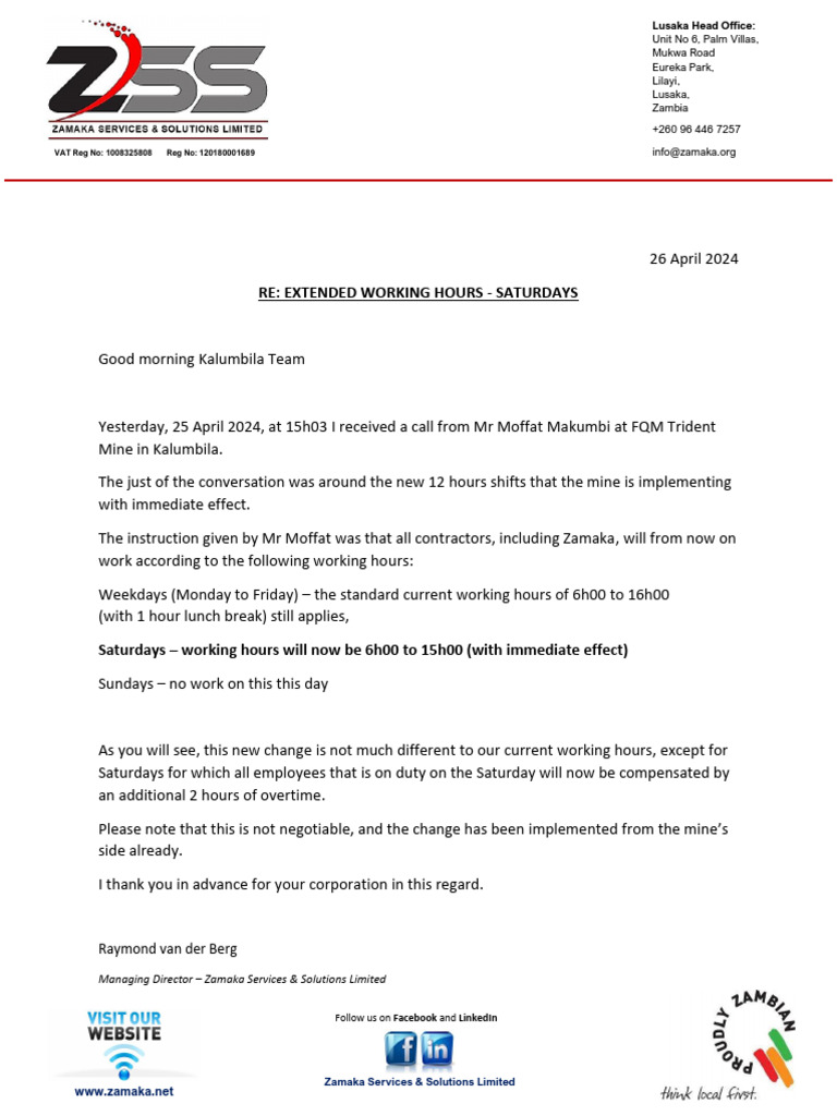 Saturday Working Hours - Kalumbila | PDF | Working Time | Workweek And ...