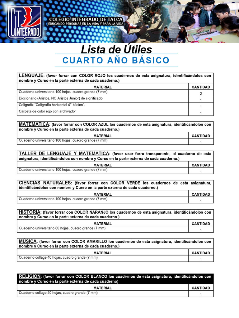 Lista de Utiles CUARTO ANO BASICO | PDF | Cuaderno | Color