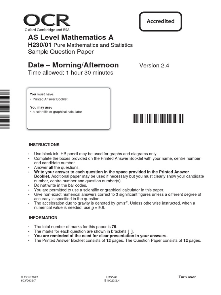 AS Level Mathematics A H230/01 Paper | PDF | Sampling (Statistics ...