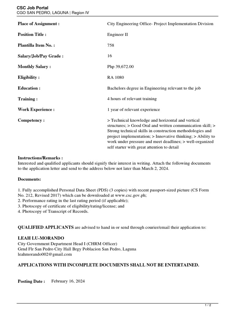 Engineer II Job Opening in San Pedro | PDF