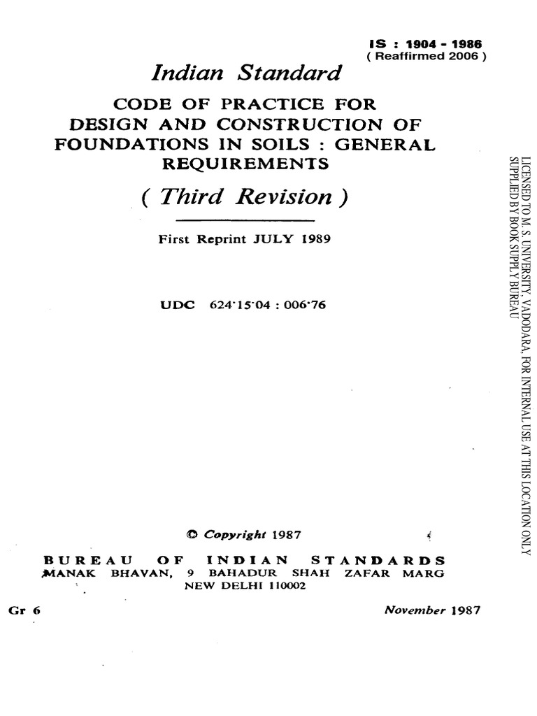 IS 1904 (1986) Code of Practice For Design and Construction of ...