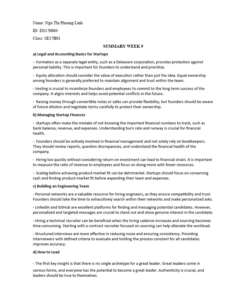 Summary Week 9 Pdf Startup Company Small Business Entrepreneurs
