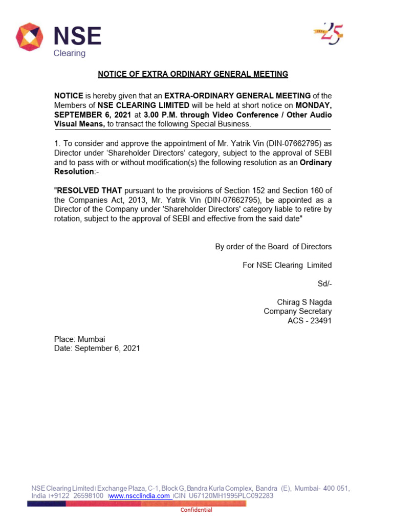 NSE Clearing EGM Notice | PDF | Chief Financial Officer | Mobile App