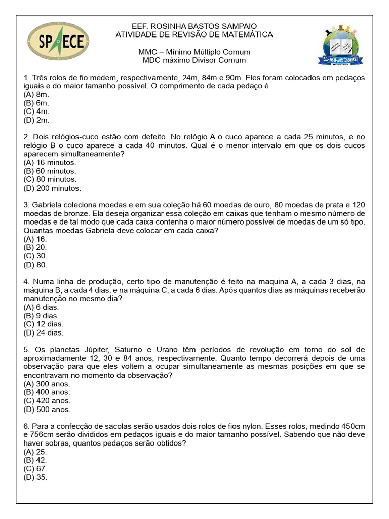Atividades de MMC e MDC para 6º Ano | PDF | Ciências e Matemática