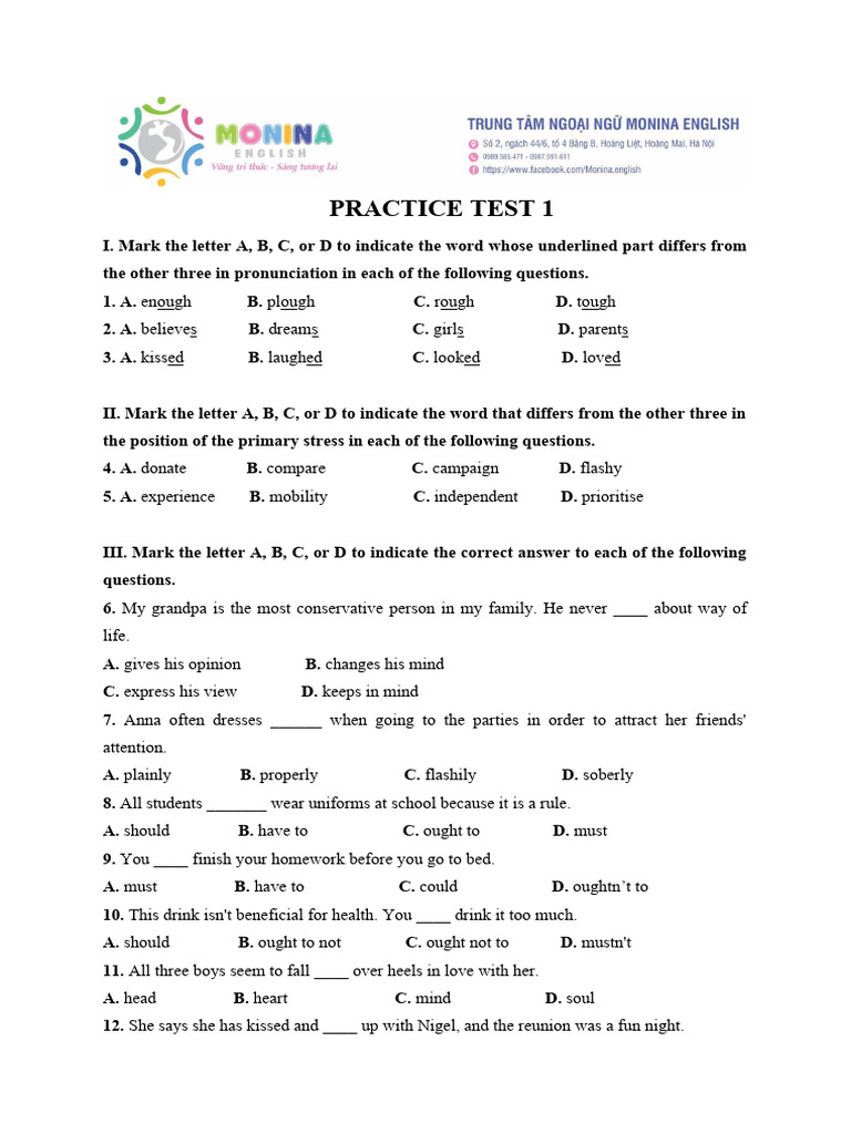 Practice Test 1 | PDF | Language Arts & Discipline | Lifestyle