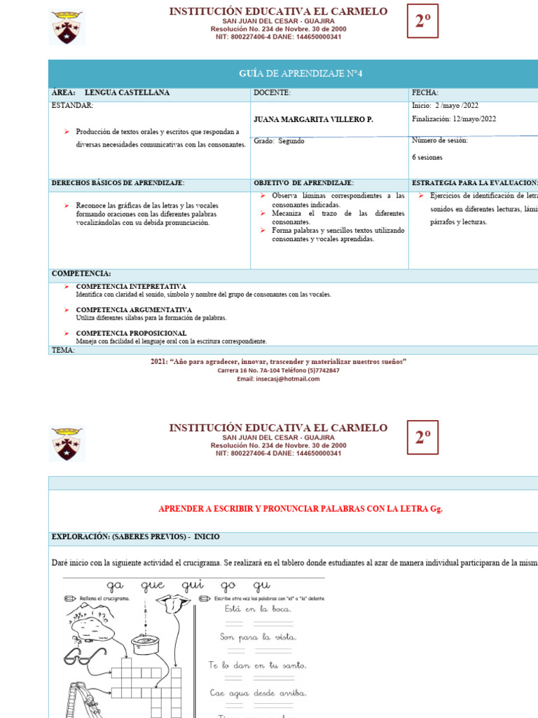 Guia 4 de Aprendizaje Español Segundo Grado. 2022 | PDF | Voz humana ...