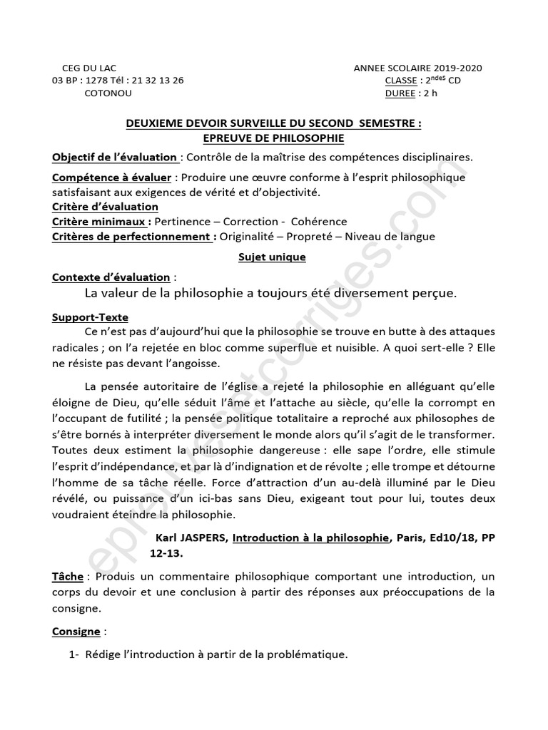 Devoir de philosophie 2nde : évaluation | PDF | Dieu