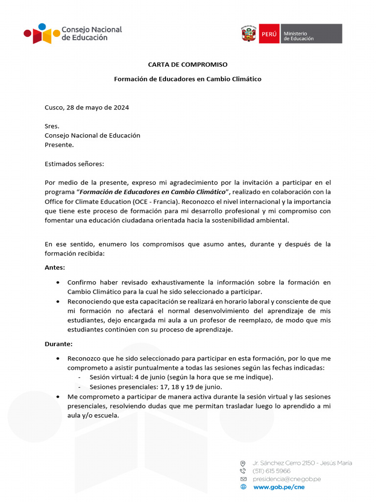 CUSCO - Carta Compromiso Participante - FINAL | PDF | Aprendizaje ...