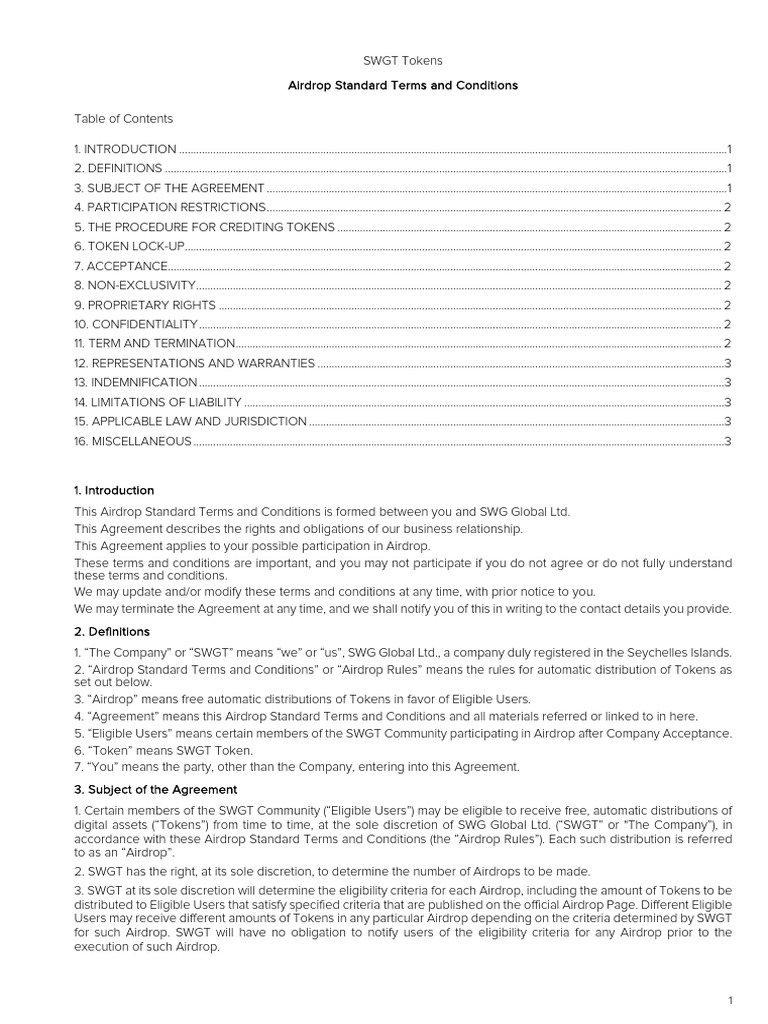 Airdrop standard terms and conditions pdf bankruptcy indemnity