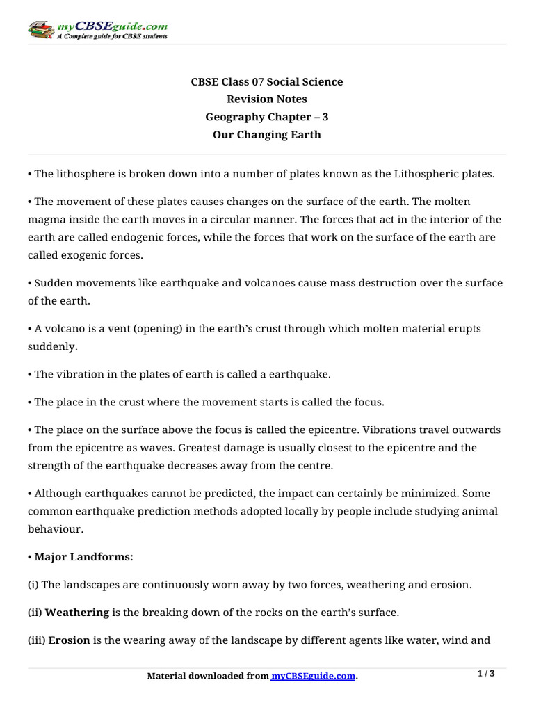 CBSE Class 7 Geography: Our Changing Earth | PDF | River | Erosion