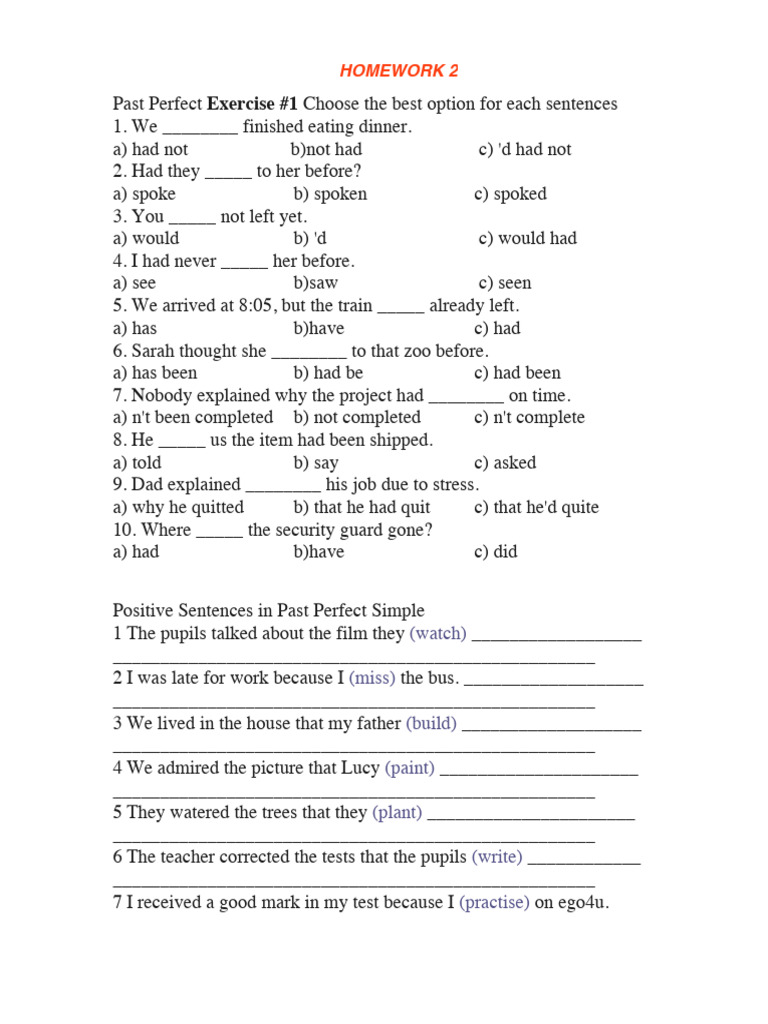 Past Perfect Tense Exercises and Answers | PDF