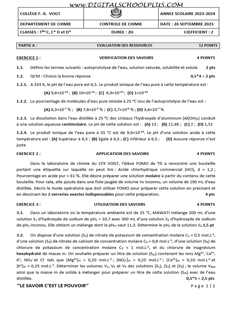 Exercices de Chimie: Solutions et pH | PDF | Acide chlorhydrique | Ph