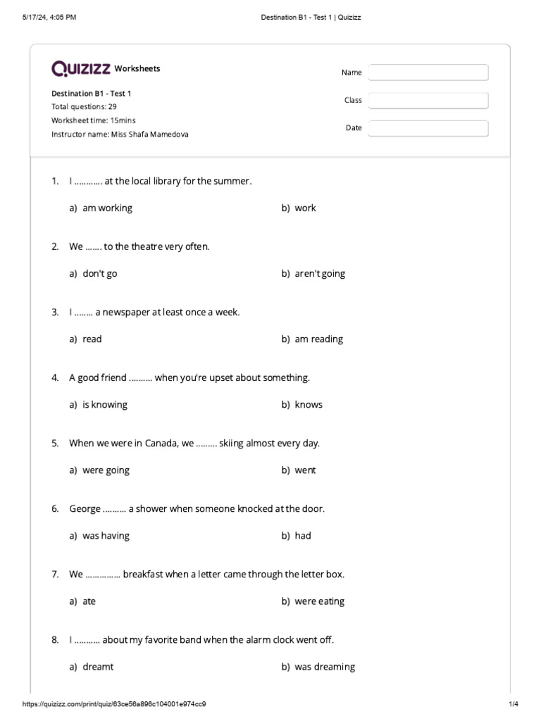 Destination B1 Test 1 Worksheet | PDF