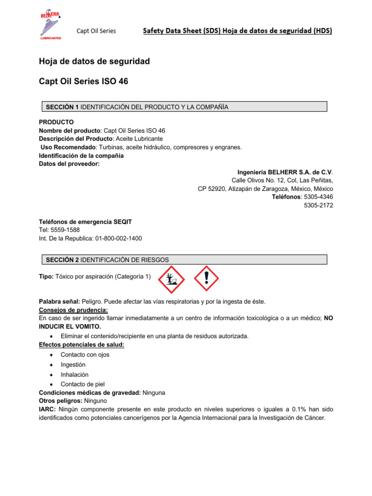 Hoja de Seguridad Capt Oil ISO 46 | PDF | Combustión | Toxicidad