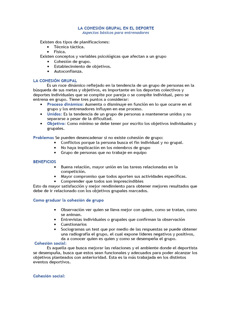 Cohesión Grupal en el Deporte | PDF | Cohesión grupal | El ...