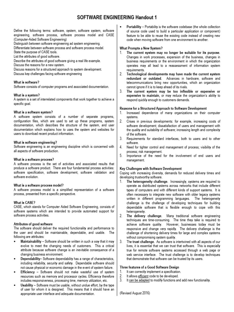 Software Engineering Handout 1 Rev Aug 23 2016 | PDF | Software | System