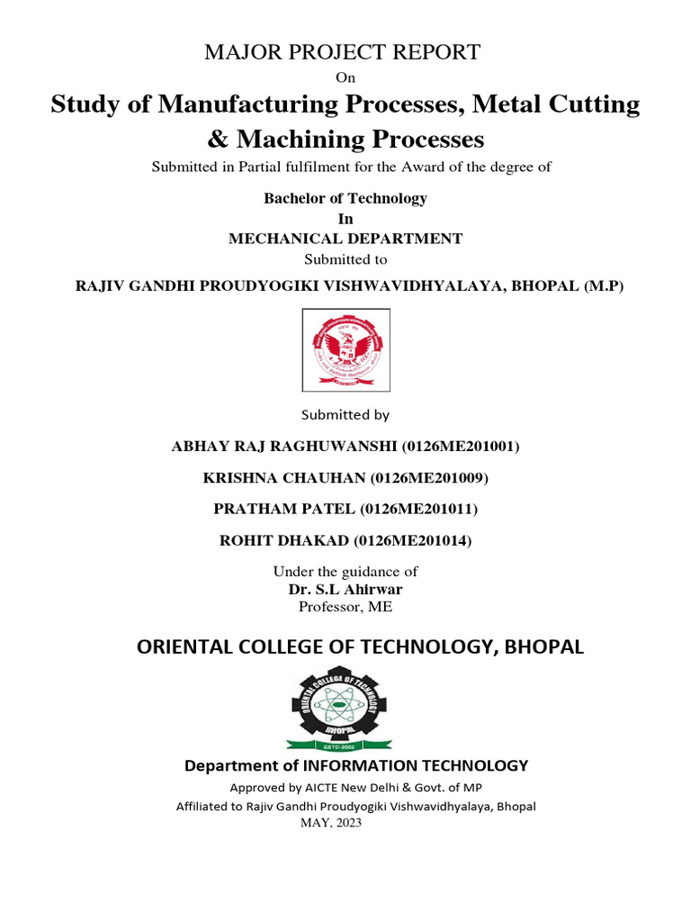 1222 Mechanical Major Project Report (Final) PDF Machining