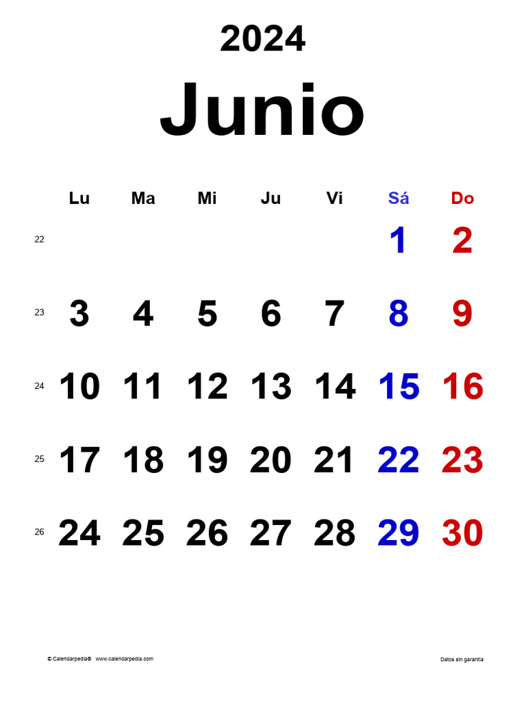 Calendario junio 2024 espana vertical clasico pdf