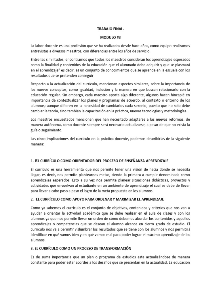 Implicaciones del Currículo en la Docencia | PDF | Plan de estudios ...