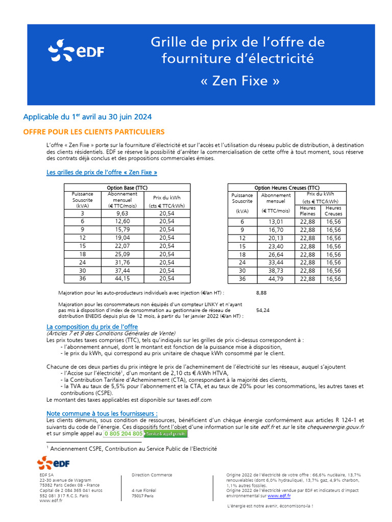 Grille tarifaire EDF Zen Fixe 2024 PDF Taxe sur la valeur ajoutée — free download