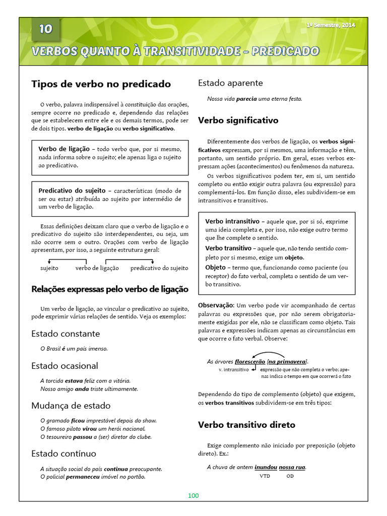 Verbos Transitivos e Predicados | PDF | Assunto (gramática) | Predicado ...