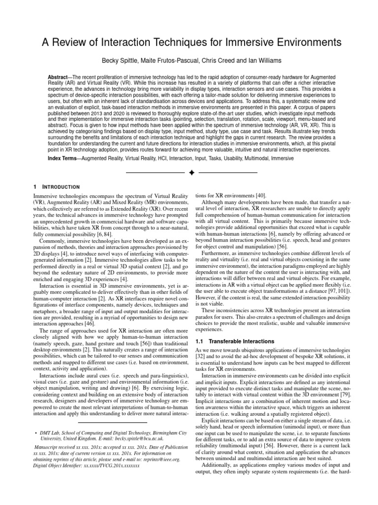 A Review of Interaction Techniques For Immersive Environments | PDF ...