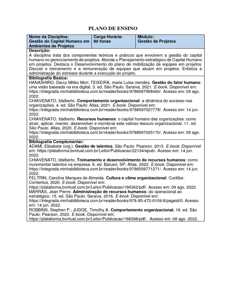 PLANO DE ENSINO - Gestão Do Capital Humano em Ambientes de Projetos