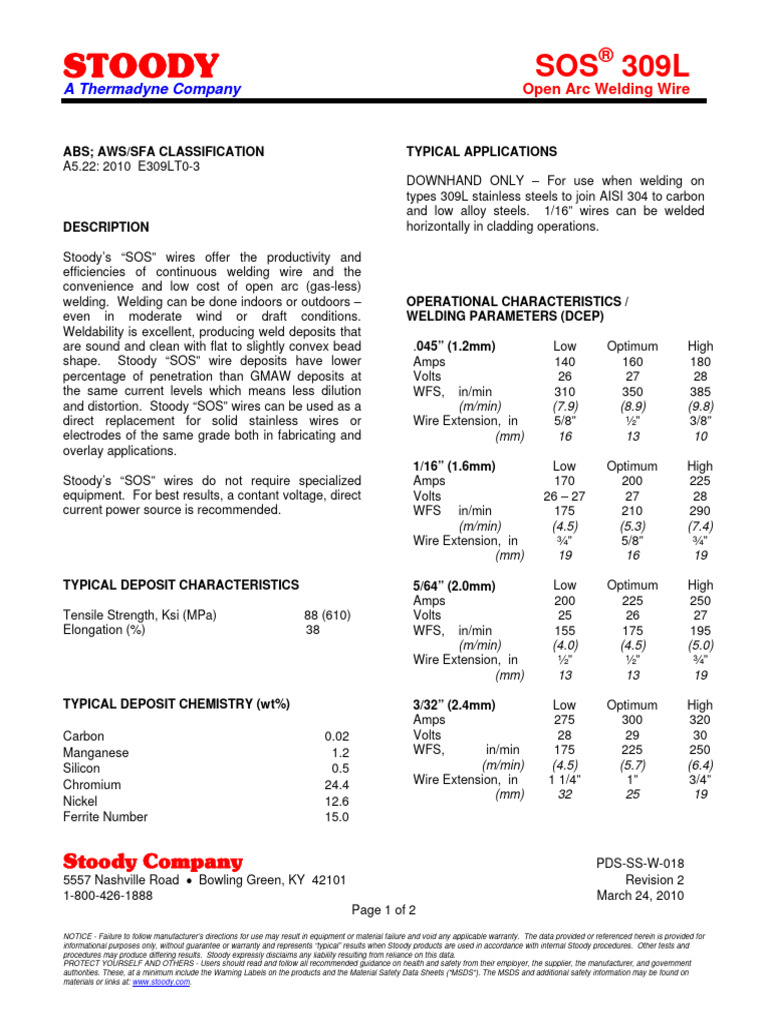 Sos 309L | PDF | Welding | Construction