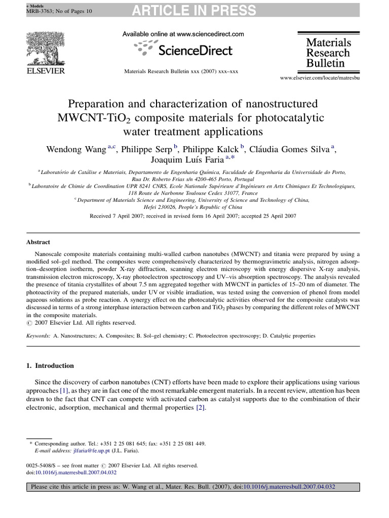 MWCNT-TiO2 Composites for Water Treatment | PDF | Carbon Nanotube ...