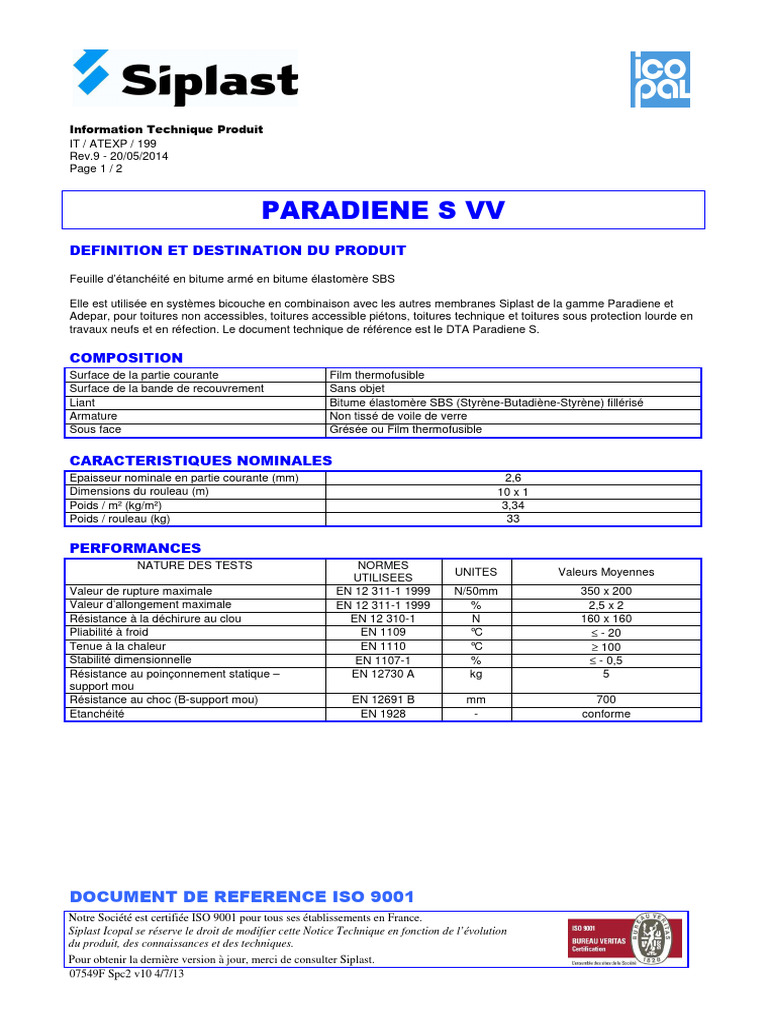 Fiche technique Paradiene S VV Siplast | PDF
