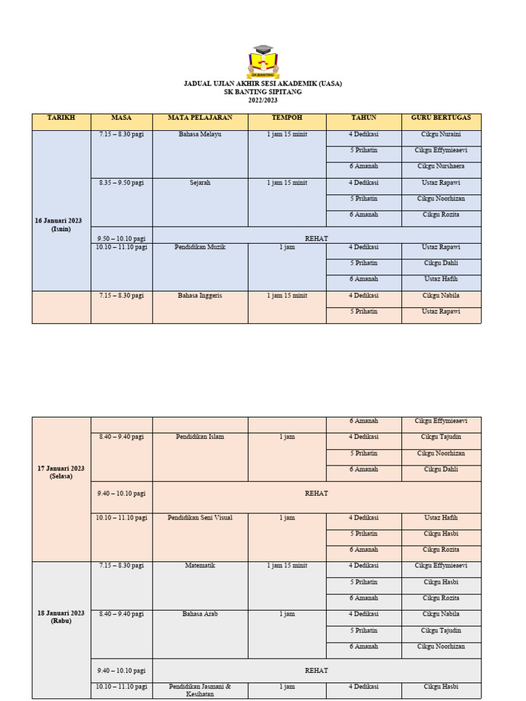 JADUAL UJIAN AKHIR SESI AKADEMIK | PDF