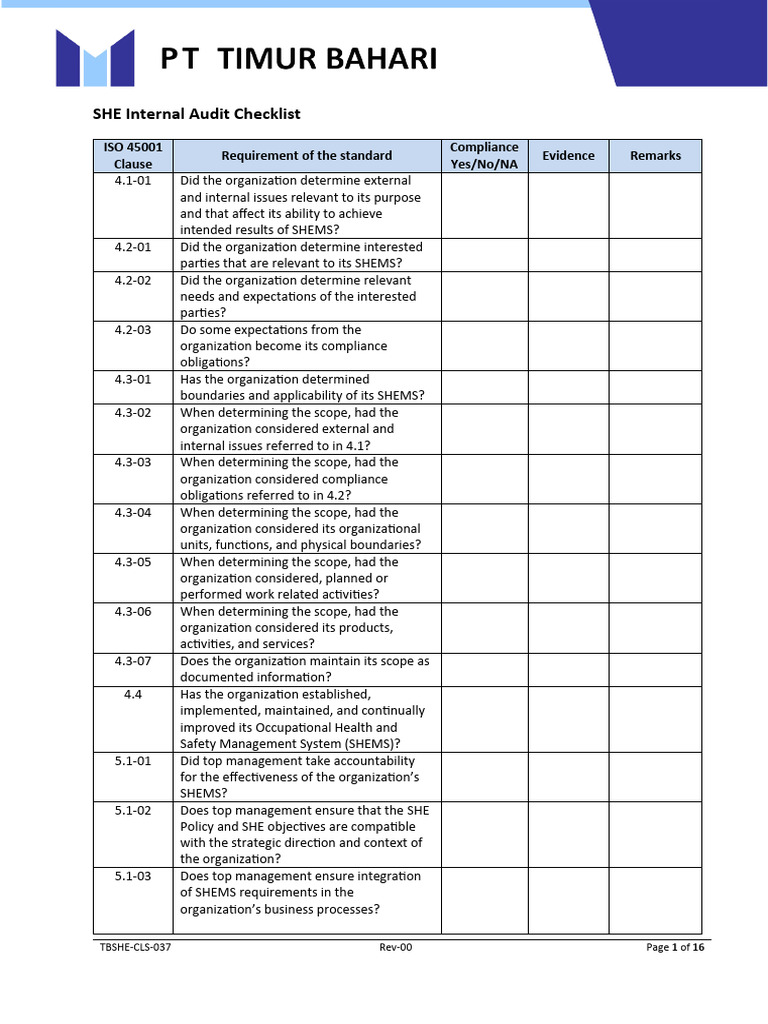 ISO 45001 SHE Internal Audit Checklist | PDF | Audit | Risk
