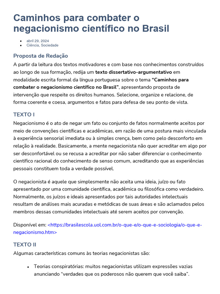 Proposta de Redação - Caminhos para Combater o Negacionismo Científico ...