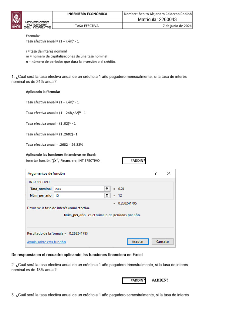Tasa Efectiva. Ejemplo y Ejercicios | PDF | Negocios | Finanzas y dinero