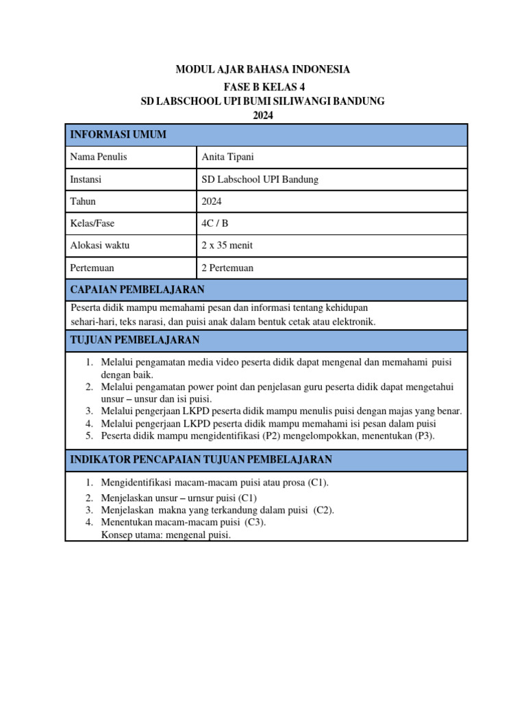 Modul Ajar Puisi Kelas 4 SD | PDF | Seni & Disiplin Bahasa