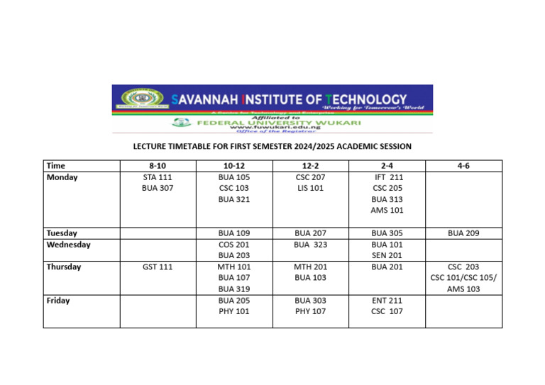 First Semester 2024/2025 Lecture Timetable | PDF