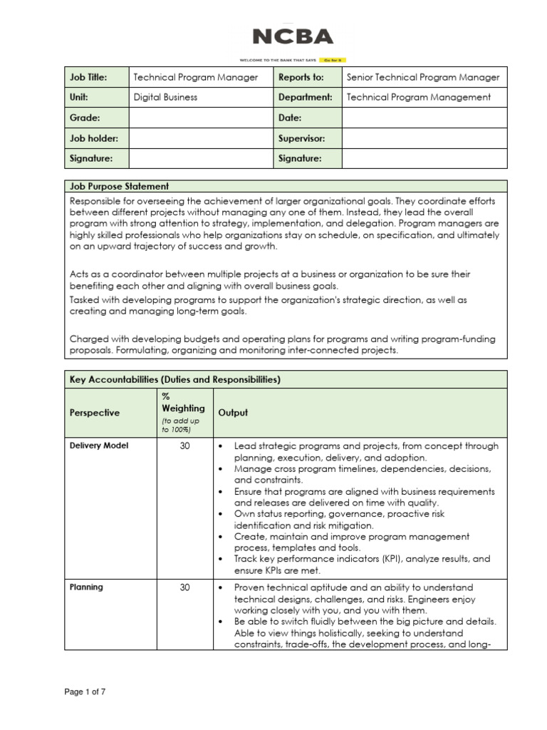 Technical Program Manager Job Description | PDF | Leadership | Governance