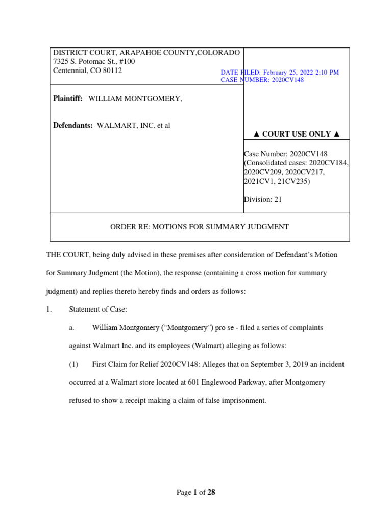 Montgomery v. Walmart District Court Order Granting Motion For