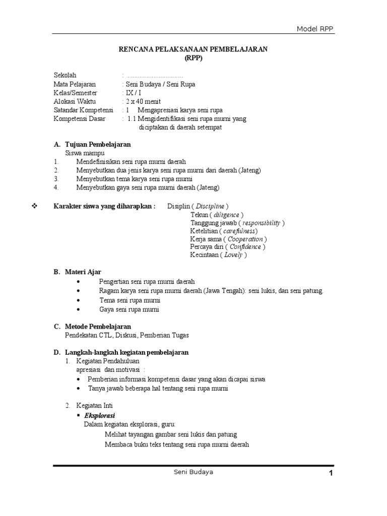 Rpp Seni Budaya Kelas Ix Semester 1