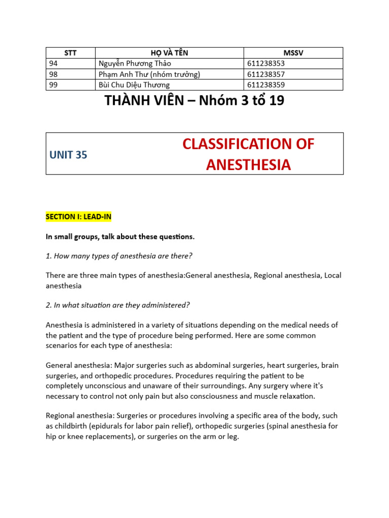 Unit 35 - Nhóm 3 T 19 | PDF | Anesthesia | Surgery