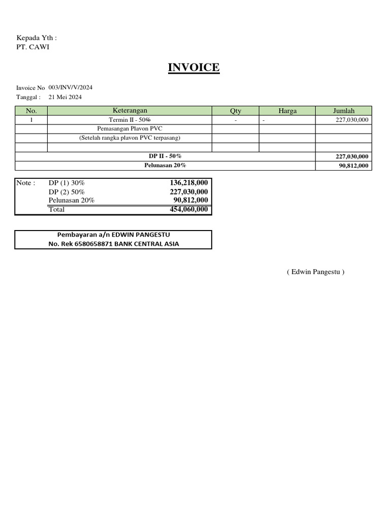 Invoice Pembayaran Plavon PVC PT. CAWI | PDF