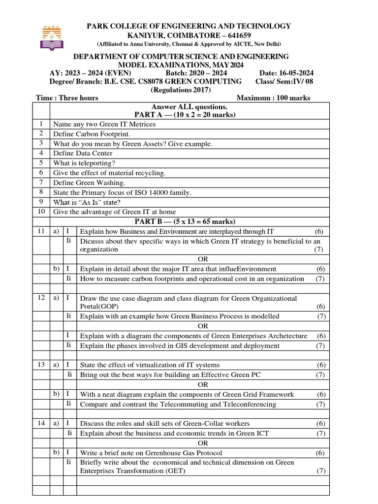 Green Computing Exam Questions 2024 | PDF | Sustainable Business | Business