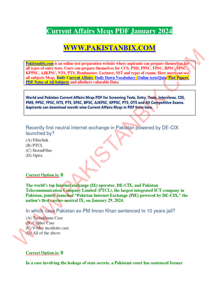 January 2024 Current Affairs MCQs PDF | PDF | Pakistan | Iran