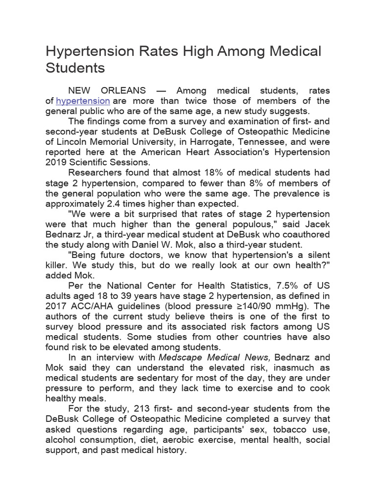 Hypertension rates high among medical students pdf hypertension