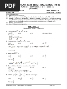 Maths Class Ix Chapter 01 02 and 03 Practice Paper 01 Answers