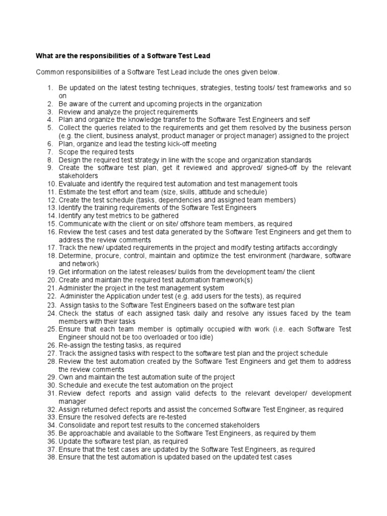 Software Test Lead Responsibilities | PDF | Software Testing | Software