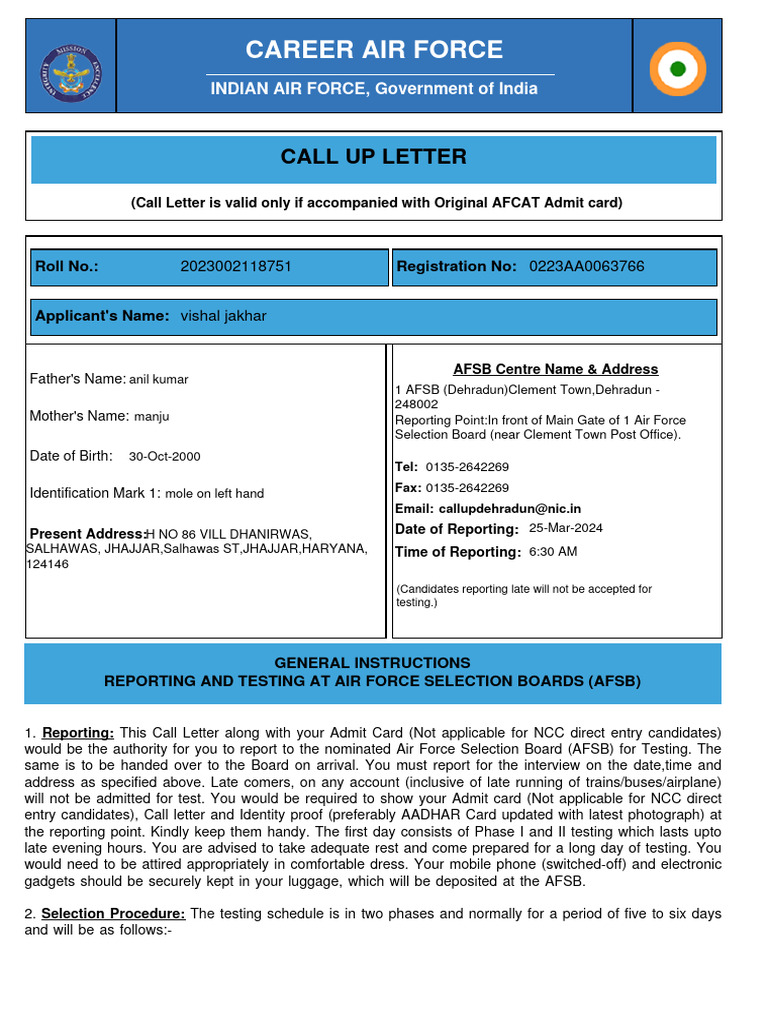 Afsb Callletter | PDF | Identity Document
